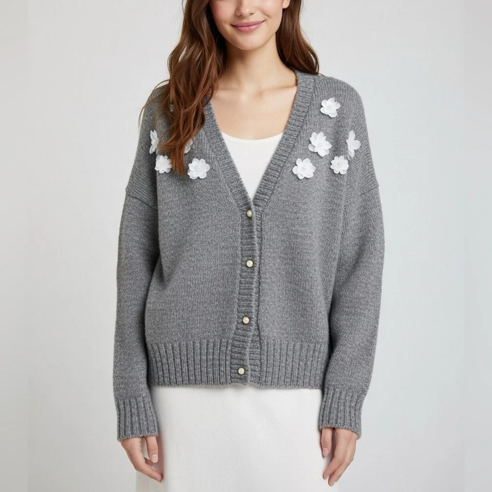C&C California charcoal gray knit cardigan with floral appliques XL